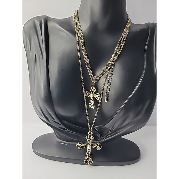 Vintage Necklace Chain Gold Tone Cross Pendant Crystal White Bead Jewelry - Picture 4 of 14